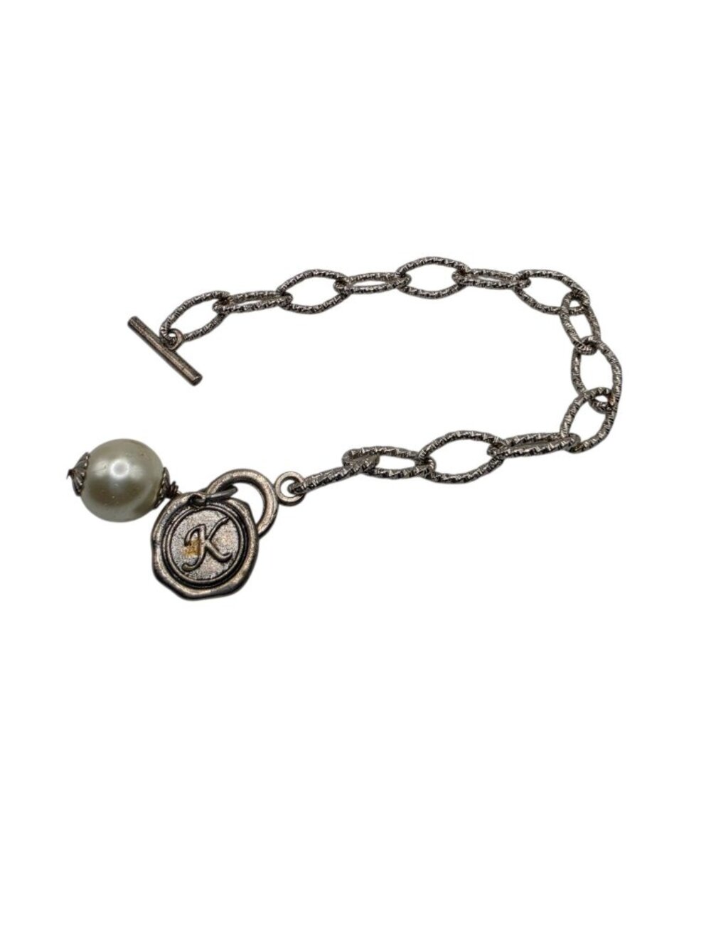 Susan Shaw Cotton Pearl Toggle Bracelet Initial K Charm Cotton Pearl Silver Tone